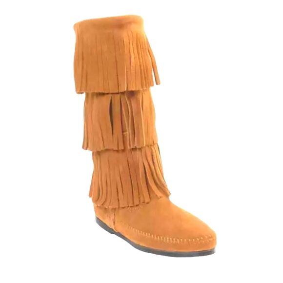 MINNETONKA Moccasin Boots Suede 3 Layer Fringe Tassel Flat‎ Brown Tan 7 - Picture 1 of 13